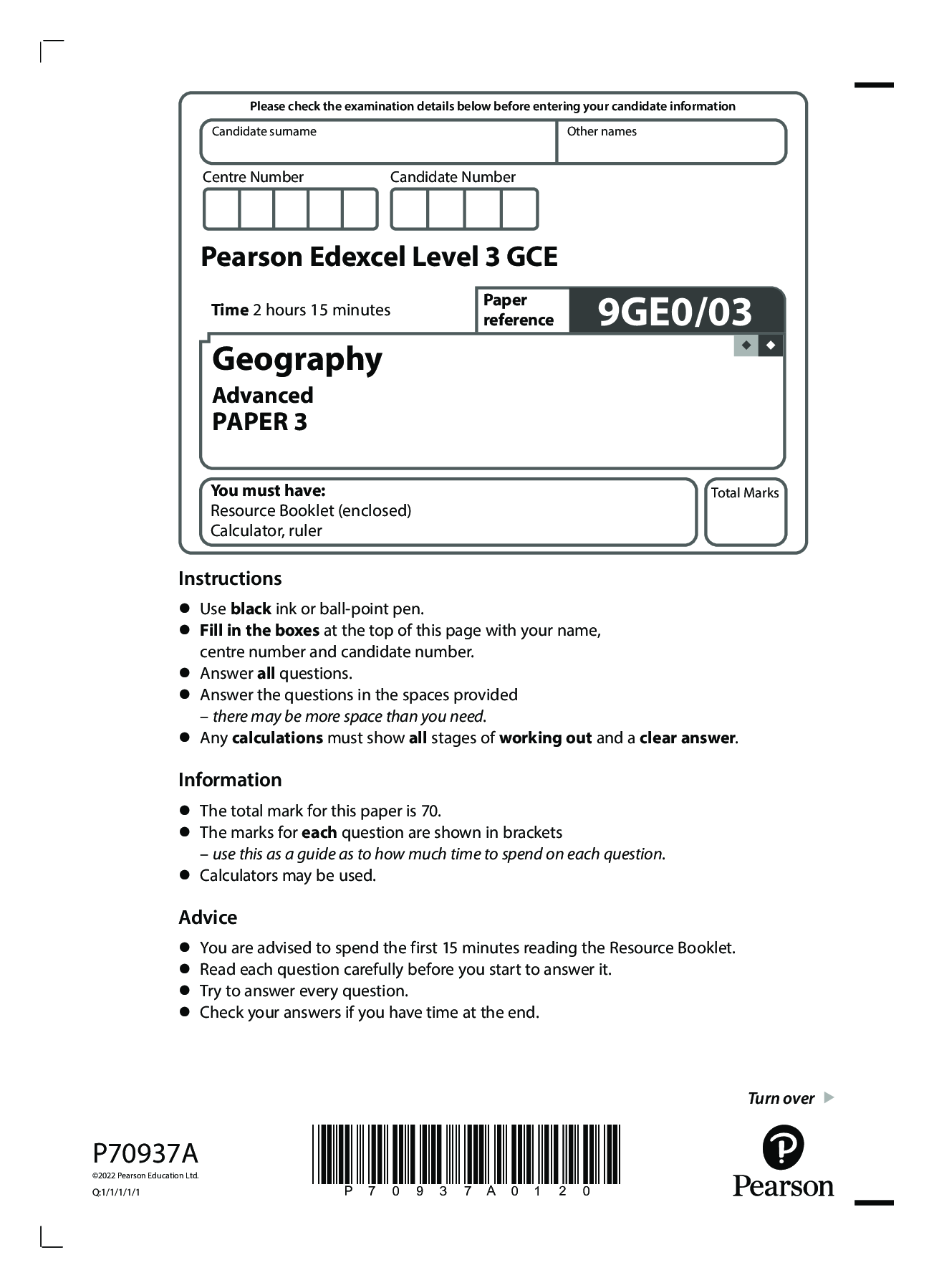 Pearson Edexcel Level 3 GCE 9GE0/03 2022 Geography Advanced PAPER 3